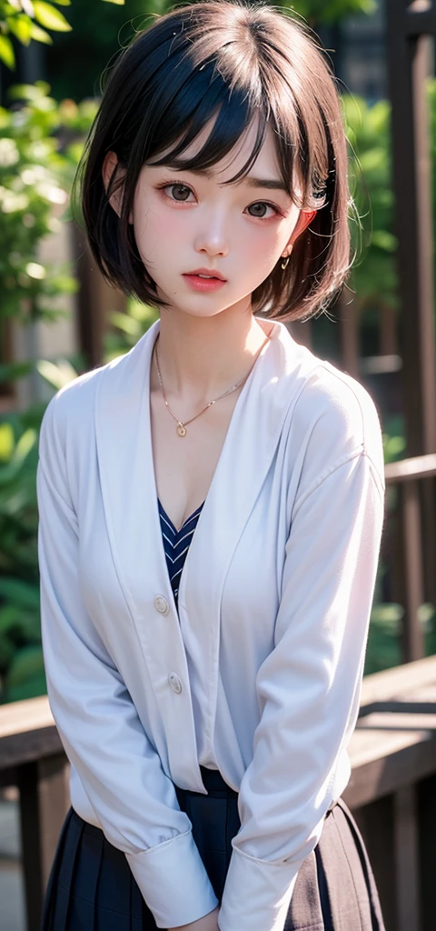 (1 nogizaka girl,15years old face,raw photo,photo realistic:1.5),(best quality, high quality,HDR, highest quality,ultra high resolution,high resolution,high res,ultra high difinition,huge file size,8K,2K wallpaper,8K wallpaper,high quality texture,amazing,an extremely delicate:1.4),one girl, Japanese famous idol,cute face,small face,absurd,ridiculous,incredibly ridiculous,blurry background,(school uniform,sailor suit,short hair,cleavage,no makeup:1.2),medium skin,beautiful skin,detailed skin,black hair,silky hair,black eyes,Japanese nose,5-fingers,(Light Particles, Lens Flare, Luminous Particles: 0.7),looking at viewer,small hands,bright lighting,professional lighting,girl