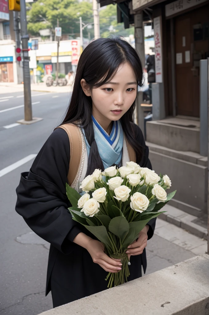 Raise a poor Korean woman on the street selling flowers