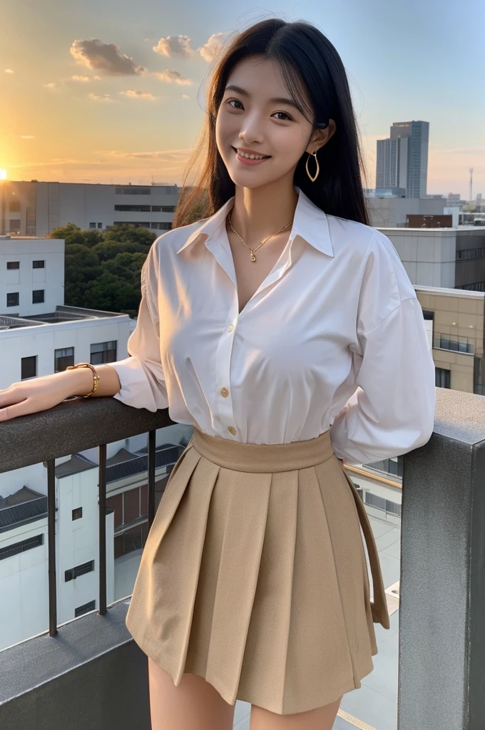 Rooftop of university building, 4th year university student, ((full body)), ((photo)), ((best qualtiy, 8K, tmasterpiece:1.3)), Focus:1.2, perfect figure beautiful girl:1.4, 1girl, cowboy shot, look at viewer, eyes facing the camera, incredibly absurd, beautiful and cute girl with a photorealistic face, showcasing top-quality craftsmanship, A Japanese girl watching the sunset on the roof of a university building, 19 years old, long, straight, silky black hair, fair skin, big eyes, thin eyebrows, double eyelids, long eyelashes, pink lips, smile, devilish smile, gorgeous features, well-defined facial features, beautiful face line, mysterious beauty, slender, tall, well-balanced proportions, large E-cup breasts, white shirt, tight black skirt, beige pumps, gold necklace and bracelet, small earrings, elegant ring, pretty girl, beauty, devilish type, pretty older sister, passionate about art, sociable, friendly, positive, has leadership skills, is proactive, is flexible, gets things done efficiently, works hard towards dreams and goals, March