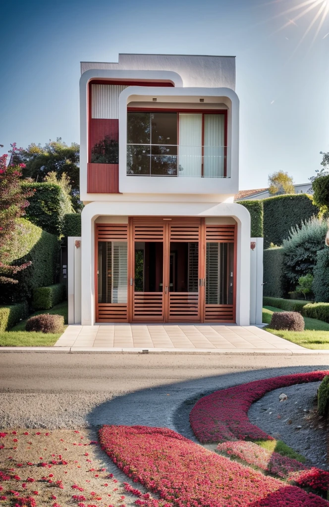 PLATEFORME KTHOUSE, Beaucoup de belles fleurs rouges le long de la route:1.3, romantique, 1 maison de style néoclassique, La maison de ville est faite de murs blancs, belle lumière, journée de beauté, ensoleillé, Beaucoup de bougainvilliers rouges le long de la route:1.3, belle sensation de jeunesse :1.2, soleil à midi, Très belles ombres, 