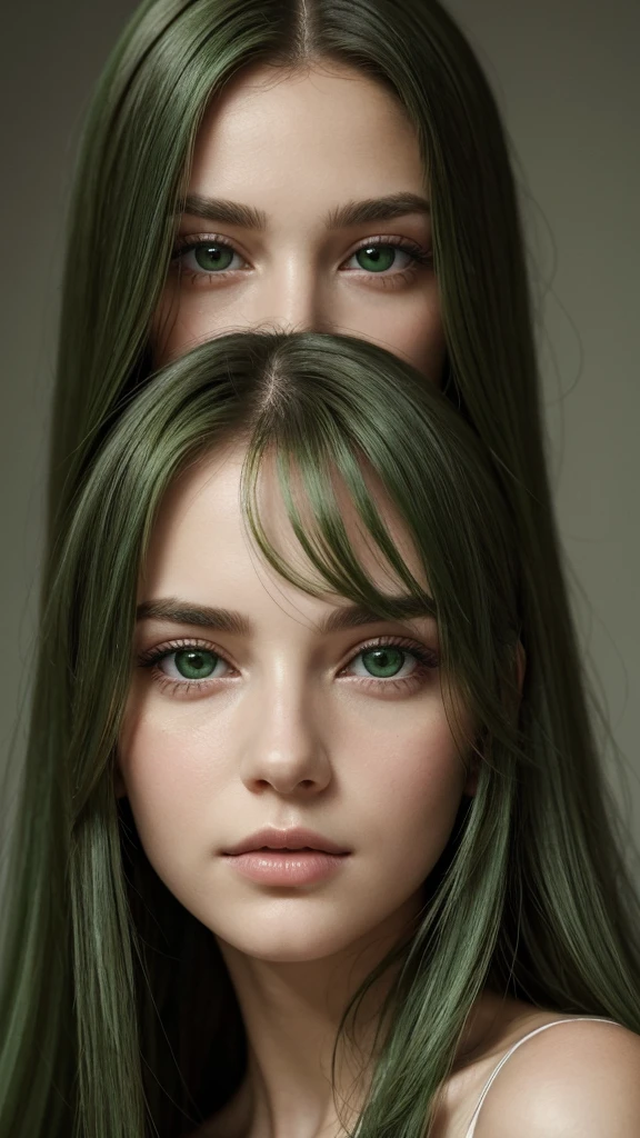 portrait, a European woman, highly detailed facial features, Captivating eyes, oval face, her hair is entirely green, Her face is very charming, wistful charm, flawless complexion, looking straight at the viewer