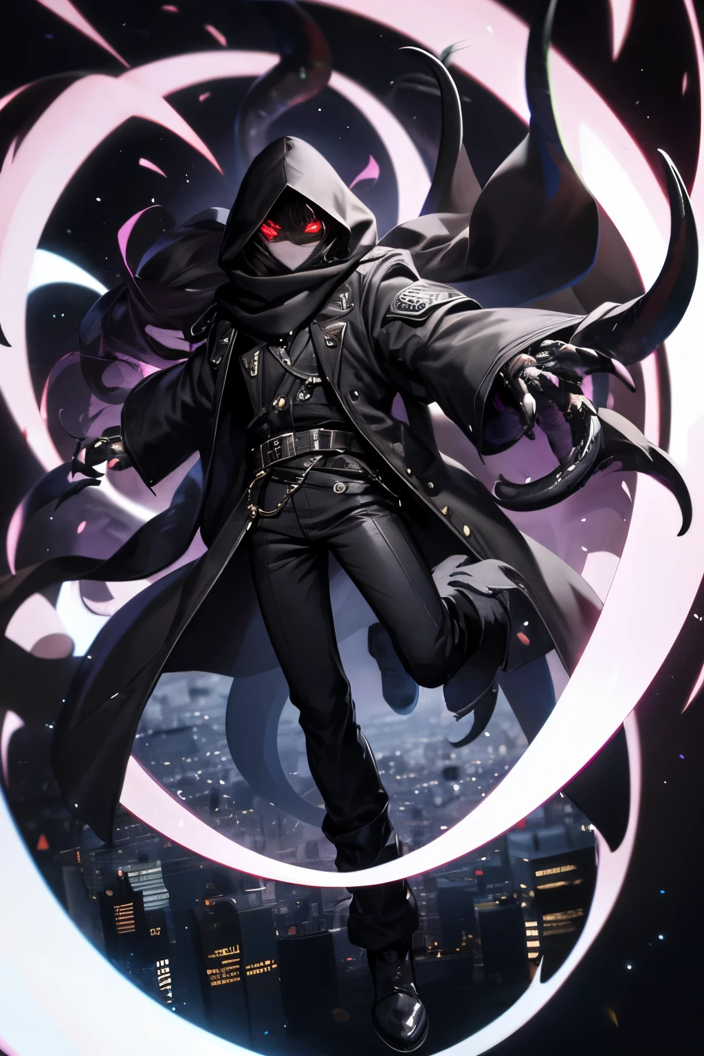 ((best quality)), ((masterpiece)), (detailed), 1 boy, full body, 23 years old, young adult, black scarf, bandage covering his mouth, white glowing eyes, 1 scratch on his right eye, pointed hood, black skin, disheveled hair, black coat, baggy sleeves, tall, thin, ripped sleeves, white zig zag marks on his coat, black portals, black fingers, black wristbands with white circles, black tentacles coming out of his coat, warlock, brooch with eye symbol on his coat, claws, black baggy pants, black boots, floating, floating books, darkness, night city background, anime