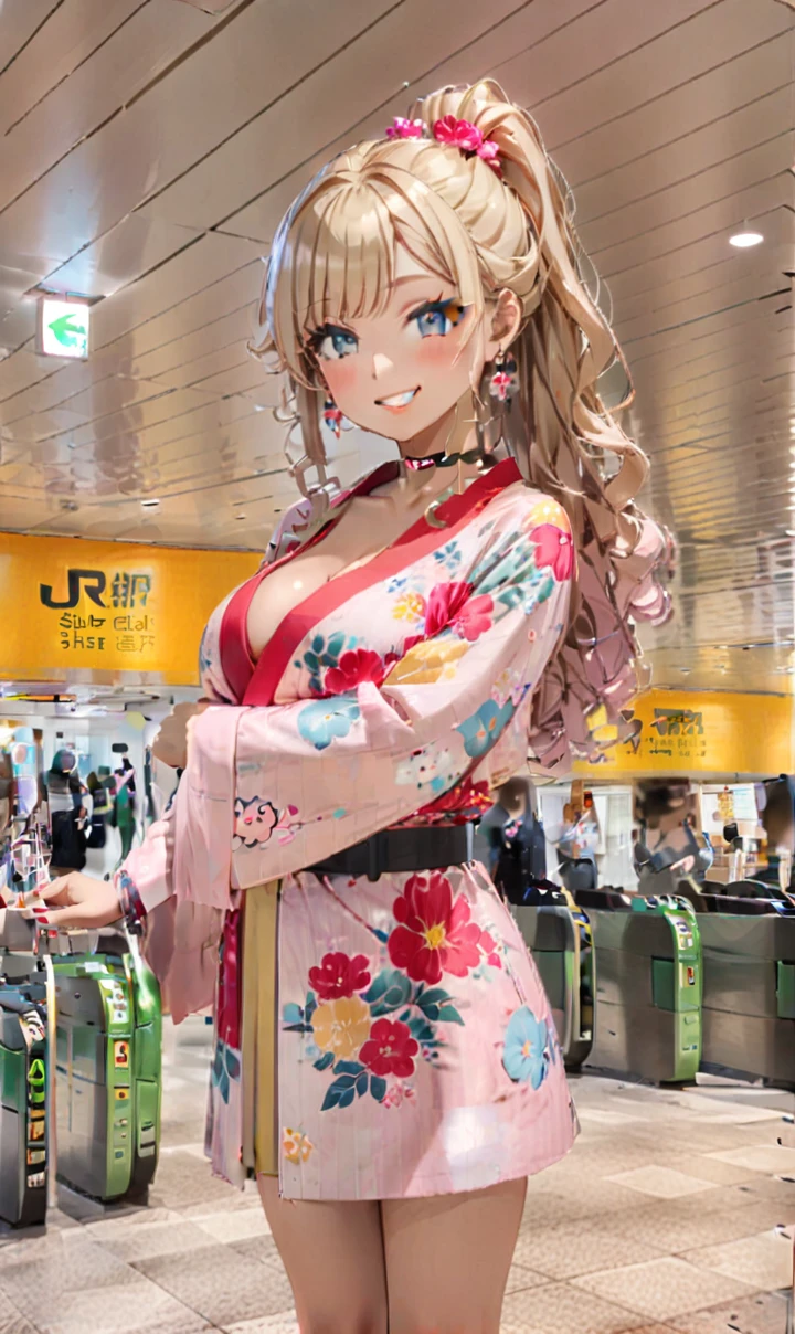 ultra-detailed, ((one girl)), (tan skin:1.6), in pastel colors gyaru, (heavy makeup), (professional lighting) hyper detailed, absurdres, 8K, Beautiful Face, (Laugh shyly), ((teasing smile:1.8)), ((Wink:1.7)), (Laugh with your mouth wide open),((Tilt your face:1.6)), View your viewers, ((Bright red cheeks:1.6)),Glossy Red Lips, ((Big Breasts:1.5)), ((undressing:1.2)), (sideboob), noon, Station ticket gates , ((Anime style background)),masterpiece, Highest quality, so beautiful,Latest, Complex details, ((Pastel pink long nails)), (nail art), (ring),(bracelet), (Floral Choker),AI-generated, Complex,High resolution, Highest quality, super high quality,3D Images、3D Images,One person,Blonde long hair,(High Ponytail), (wavy hair:1.3), Blonde anime woman posing for a photo, ((Fine grain、blue eyes、glowing eyes:1.4)), (Squint your eyes:1.1),a hyperRealistic , hyperRealistic , Realistic,Anime woman with long pastel yellow hair, Smooth anime CG art, A girl in a gorgeous pastel-colored kimono, ((Pastel-colored furisode)),(Pink large floral pattern), Long flower hair ornament,Floral Earrings, Mature Body, tall,Narrow waist, ((from side))