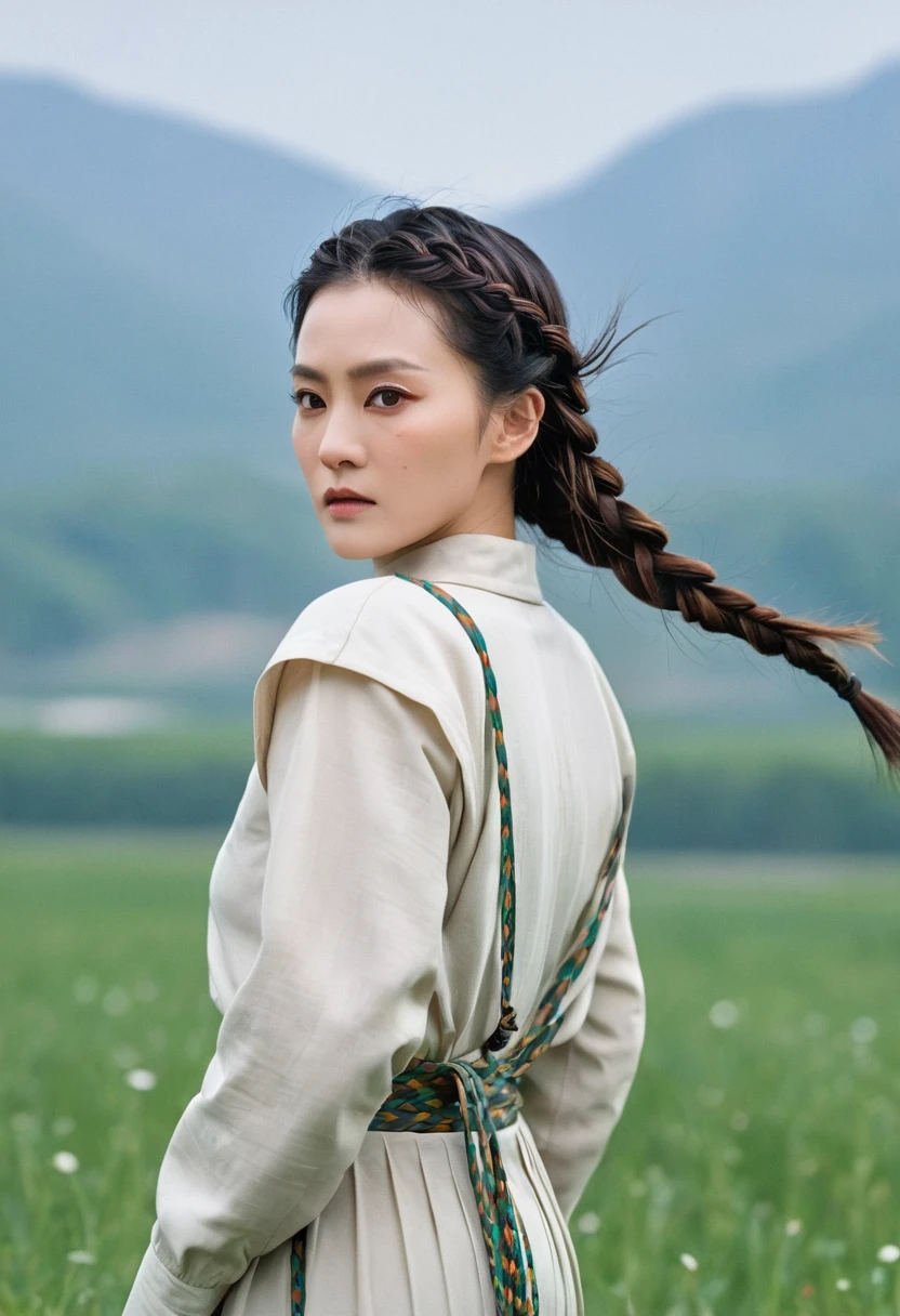 Movie Posters,single,The most true,Maximum resolution,Face resolution,(((Braided hairstyle: 1.5)),Science Fiction小说,Science Fiction,Adapted from《base》,Front view,angry,Middle-aged people,40-year-old female,Black one-sided hairstyle,Brown eyes,(Reference to the White Family Collection :1.5),Standing in the middle of an open meadow，Breeze in the wind,High-quality images