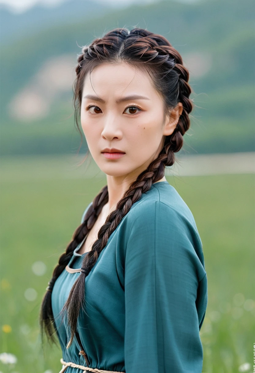 Movie Posters,single,The most true,Maximum resolution,Face resolution,(((Braided hairstyle: 1.5)),Science Fiction小说,Science Fiction,Adapted from《base》,Front view,angry,Middle-aged people,40-year-old female,Black one-sided hairstyle,Brown eyes,(Reference to the White Family Collection :1.5),Standing in the middle of an open meadow，Breeze in the wind,High-quality images