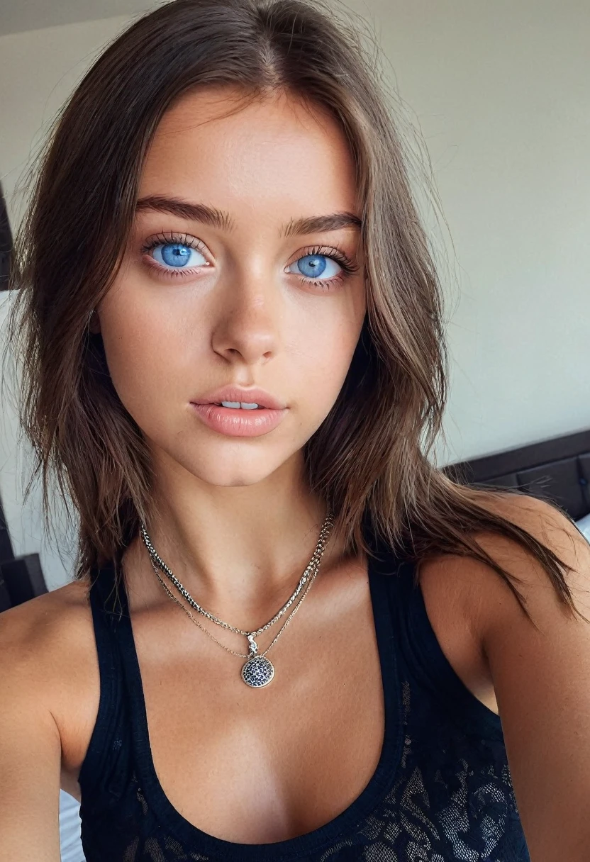close up of a Woman wearing a white tank top and a necklace, Sexy girl with blue eyes, tanned skin, Portrait Sophie Mudd, brown hair and large eyes, selfie of a young woman, bedroom eyes, Violet Myers, without makeup, Natural makeup, staring directly into camera, cara con artgram, subtle makeup, Impresionante foto de whole body, piercing blue eyes, beautiful angle, attractive pose, Cute , pose sexy, Full body image, whole body, full body shoot, brunette goddess, High detail, Satisfied pose, leather pants