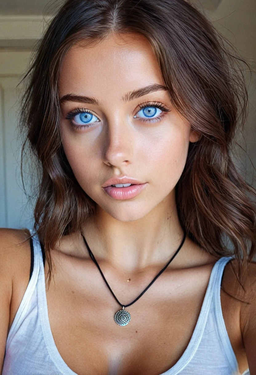 close up of a Woman wearing a white tank top and a necklace, Sexy girl with blue eyes, tanned skin, Portrait Sophie Mudd, brown hair and large eyes, selfie of a young woman, bedroom eyes, Violet Myers, without makeup, Natural makeup, staring directly into camera, cara con artgram, subtle makeup, Impresionante foto de whole body, piercing blue eyes, beautiful angle, attractive pose, Cute , pose sexy, Full body image, whole body, full body shoot, brunette goddess, High detail, Satisfied pose, leather pants