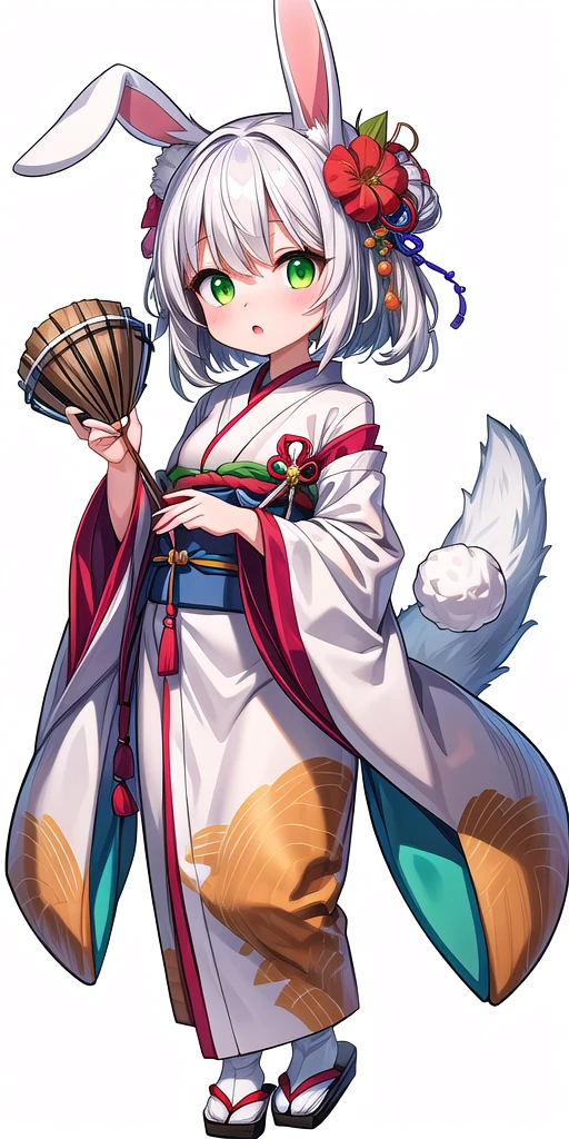 1girl, animal ears, drum, green eyes, white hair, rabbit ears, solo, transparent background, japanese clothes, hair ornament, tail, flower, hair flower, masterpiece,best quality,very aesthetic,absurdres