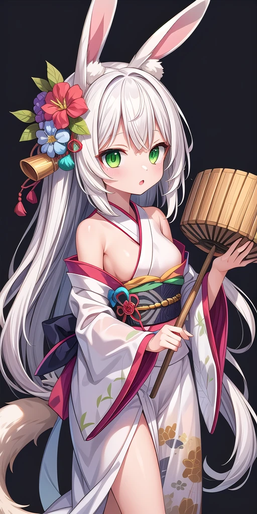 1girl, animal ears, drum, green eyes, white hair, rabbit ears, solo, transparent background, japanese clothes, hair ornament, tail, flower, hair flower, masterpiece,best quality,very aesthetic,absurdres