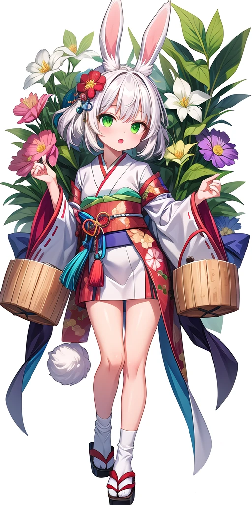 1girl, animal ears, drum, green eyes, white hair, rabbit ears, solo, transparent background, japanese clothes, hair ornament, tail, flower, hair flower, masterpiece,best quality,very aesthetic,absurdres
