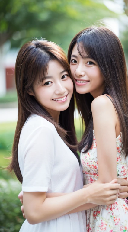 lens: 135mm f1.8,(Highest quality),(High resolution),(high resolution),(Beautiful Japanese mother and daughter),(40 year old mother with long hair),(17 year old girl with short hair)、Smile and be there for them、whole body