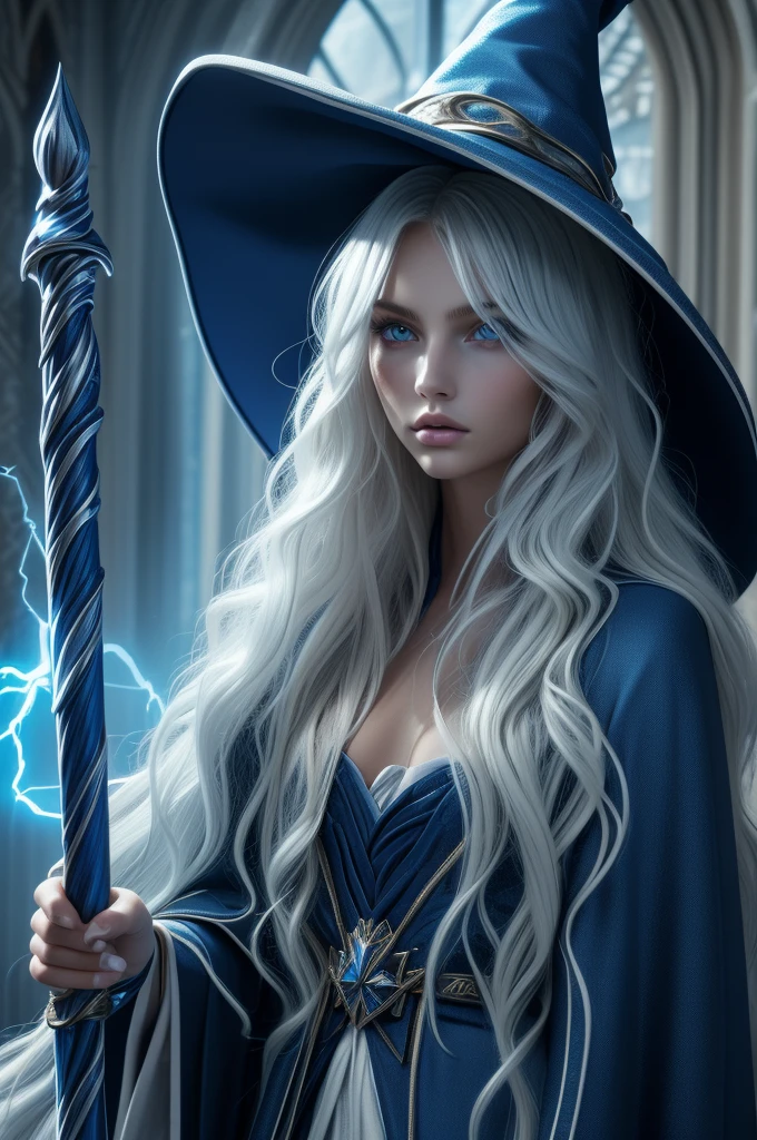  Romee Strijd dark elf mage, ((ultra-detailed face)), ultra detailed blue eyes, long platinum blonde wavy messy hair, (wizard hat, wizard robes, staff, lightning), (((masterpiece)))