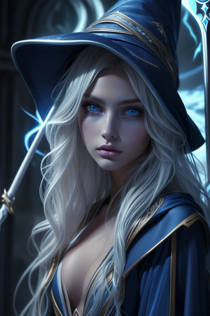 16 year old Romee Strijd dark elf mage, ((ultra-detailed face)), ultra detailed blue eyes, long platinum blonde wavy messy hair, (wizard hat, wizard robes, staff, lightning), (((masterpiece)))