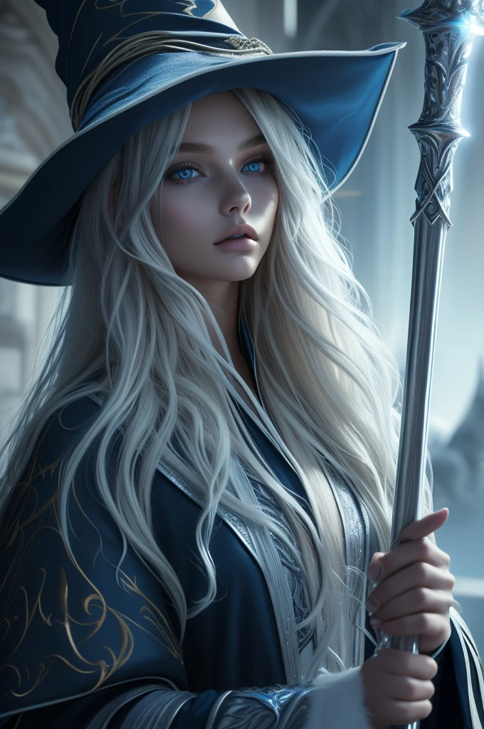  Romee Strijd dark elf mage, ((ultra-detailed face)), ultra detailed blue eyes, long platinum blonde wavy messy hair, (wizard hat, wizard robes, staff, lightning), (((masterpiece)))