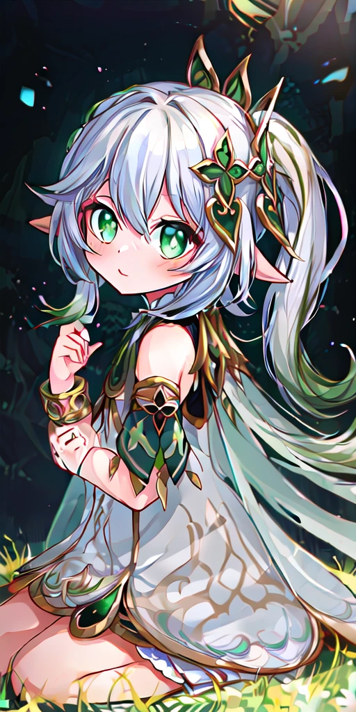 1girl, animal ears, drum, green eyes, white hair, rabbit ears, solo, transparent background, japanese clothes, hair ornament, tail, flower, hair flower, masterpiece,best quality,very aesthetic,absurdres