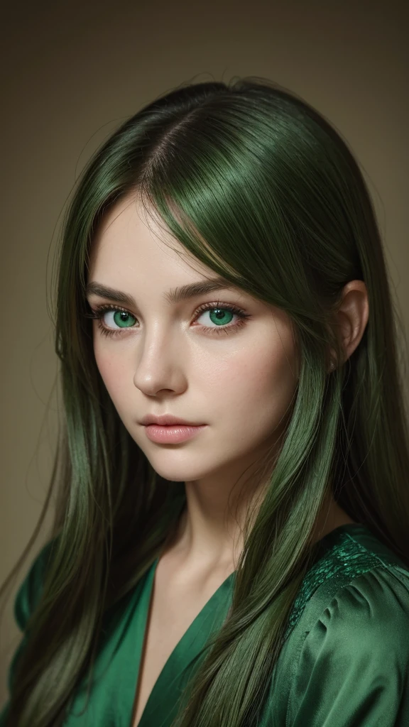 portrait, a European woman, highly detailed facial features, Captivating eyes, oval face, her hair is entirely green, Her face is very charming, wistful charm, flawless complexion