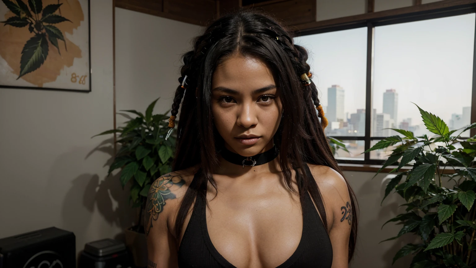 stylized artwork of soft filter. grunge filter. photorealistic. 8k. cinematic, very high resolution. maximum resolution. ultra realistic. unique beautiful face, realistic face, retro grunge photo ascetic. grunge japanese graffiti , sexy tattooed black-dreadlocks teen cute sexy ebony girls, in marijuana plants buds crop, red gym outfit. fitness gym girl. sunset
