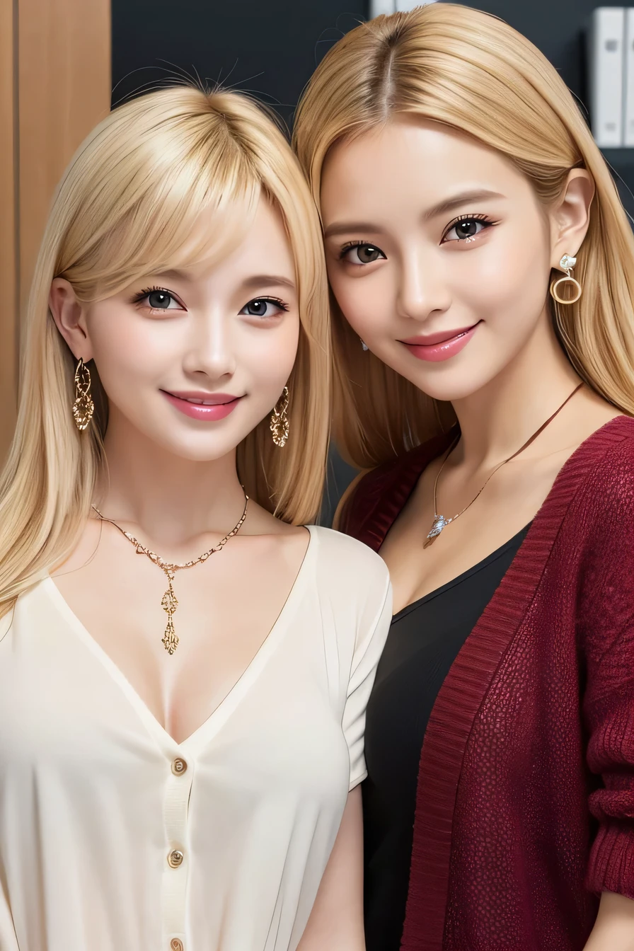 blonde、Two beautiful women standing side by side、ear piercing、Slanted Eyes、Necklace around the neck、Put a cardigan over your shoulders、blouse、smile、Beautiful teeth alignment、Intricate details, Very detailed:1.2), 、 Looking into the camera、The background is the office