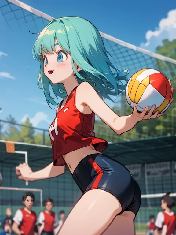 Wear white sports clothes，white sports pants，Playing volleyball，sunny and cheerful，focused,light blue hair and light blue eyes