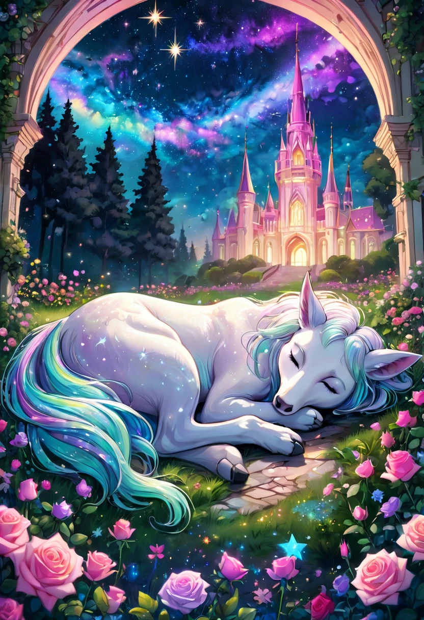 Unicorn sleeping with eyes closed in the forest, top view, milky way, starry sky, shooting stars, wrapped in pastel rainbow light, rose garden, gothic architecture, palace, mysterious world, detailed light Grains, colorful pastel flowers, plants, magical world