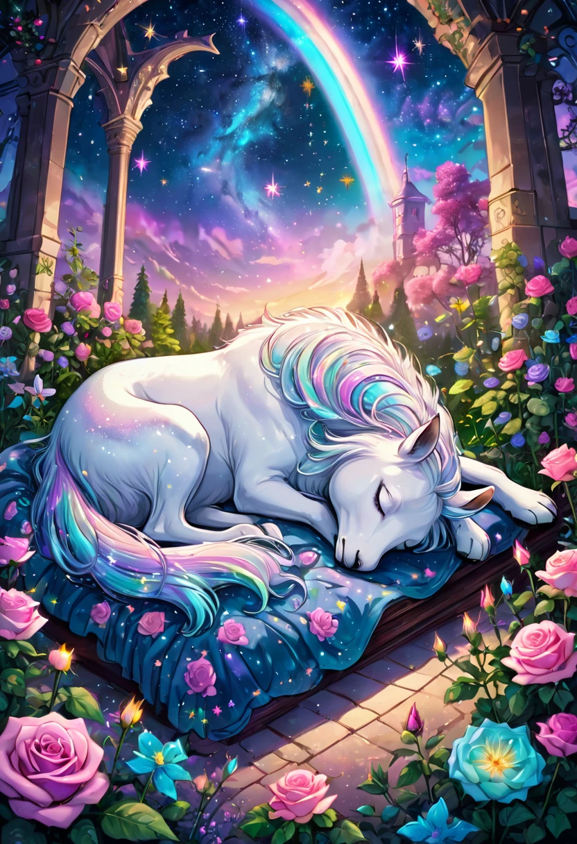 Unicorn sleeping with eyes closed in the forest, top view, milky way, starry sky, shooting stars, wrapped in pastel rainbow light, rose garden, gothic architecture, palace, mysterious world, detailed light Grains, colorful pastel flowers, plants, magical world