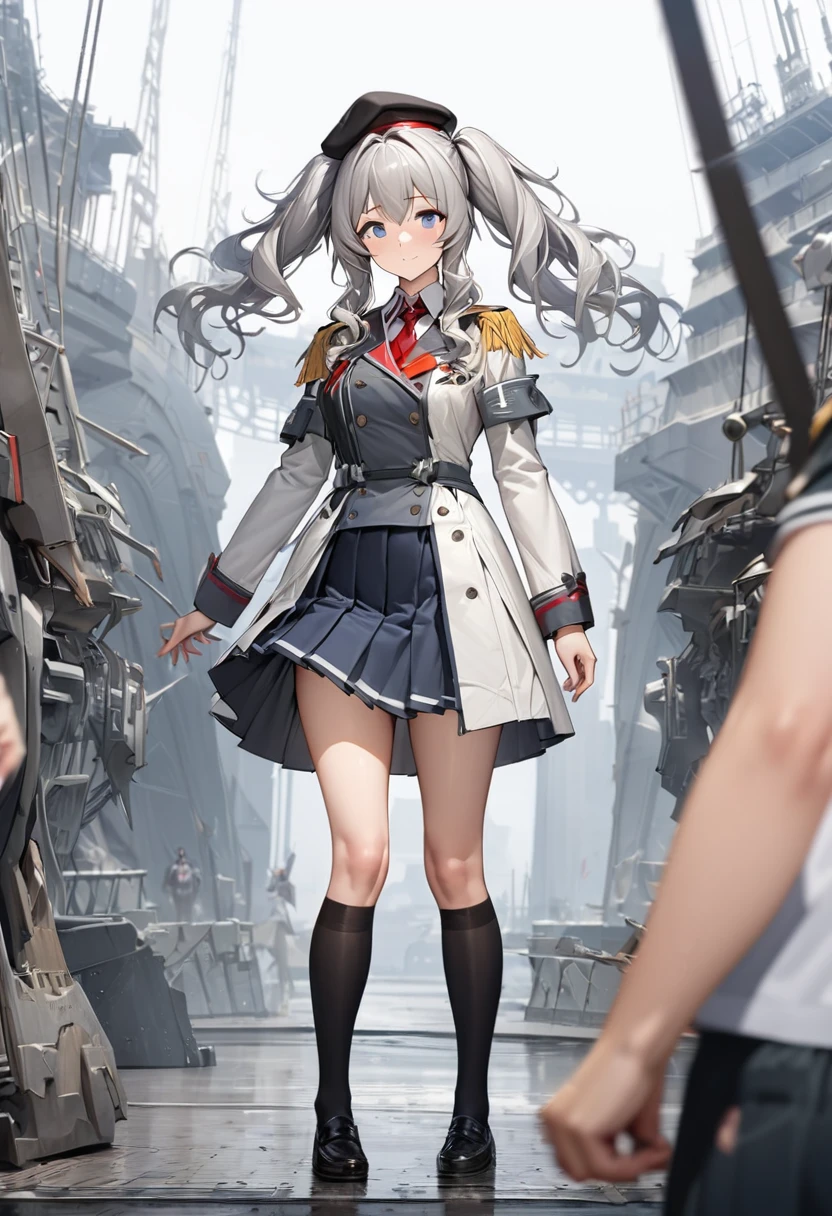 One young beautiful woman,(Highest quality,Extremely detailed depiction,Incredibly absurd high resolution,Anatomically accurate depiction), solo focus, (full body shot:1.1), (kashima /(kancolle/):1.2),Pleated skirt,Black knee-high socks,Blue Eyes,Loosely wavy silver hair,Black Beret,Outfitting,Twin tails,White formal uniform with epaulettes,