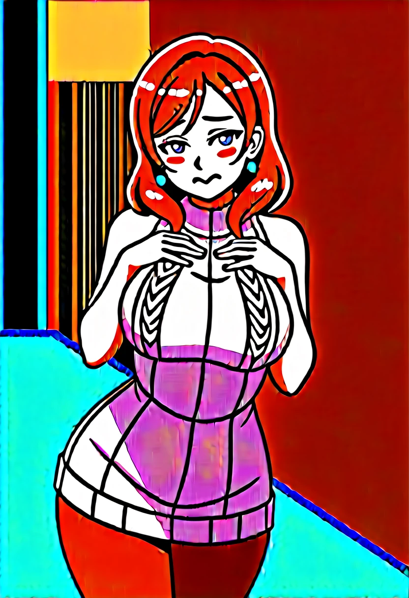 Masterpiece, love live,sexy,alp artstyle,facial details,solo, detailed body part details, cowboy shot,embarrassed, vergin killer sweater, big breasts,8k wallpaper, looking away, nishikino maki, earrings,in street,snow, purple eyes, half closed eyes,snow above nose, kissed,red hair ,wall ,pov