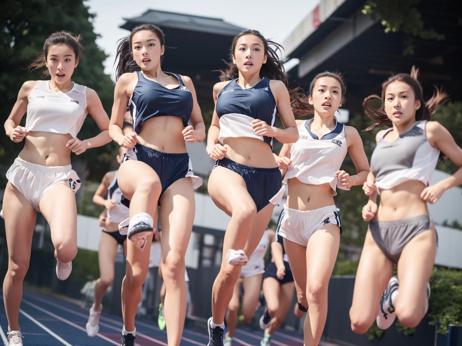 gym、Volleyball Uniforms、A group of 10 girls running side by side、(8K、Super A high resolution、Highest quality、Masterpiece、RAW portrait of a Japanese-American girl、Super A high resolution、Highest quality:1.1) (Big Breasts、Quite large breasts、Cleavage:1.3)(Running Wear、High-legged bloomers、running shoes、Track and field athlete:1.5)(Low - Angle、Driving in the truck lane、Short distance walking、Running with her chest shaking wildly、Sprinting through the university's track and field stadium:1.4) BREAK(Natural skin texture、Detailed skin、Hyperrealism、Ultra Sharpness)、Intricate details、Character border depth(masterpiece、Highest quality、High definition、Photoreactivity:1.1)、 Happy Smile、short black bob、Big Eye、Clear double eyelids、Clear double eyelids、Small face)(vision、Eye highlight、Light Brown Eyes、Lip gloss)