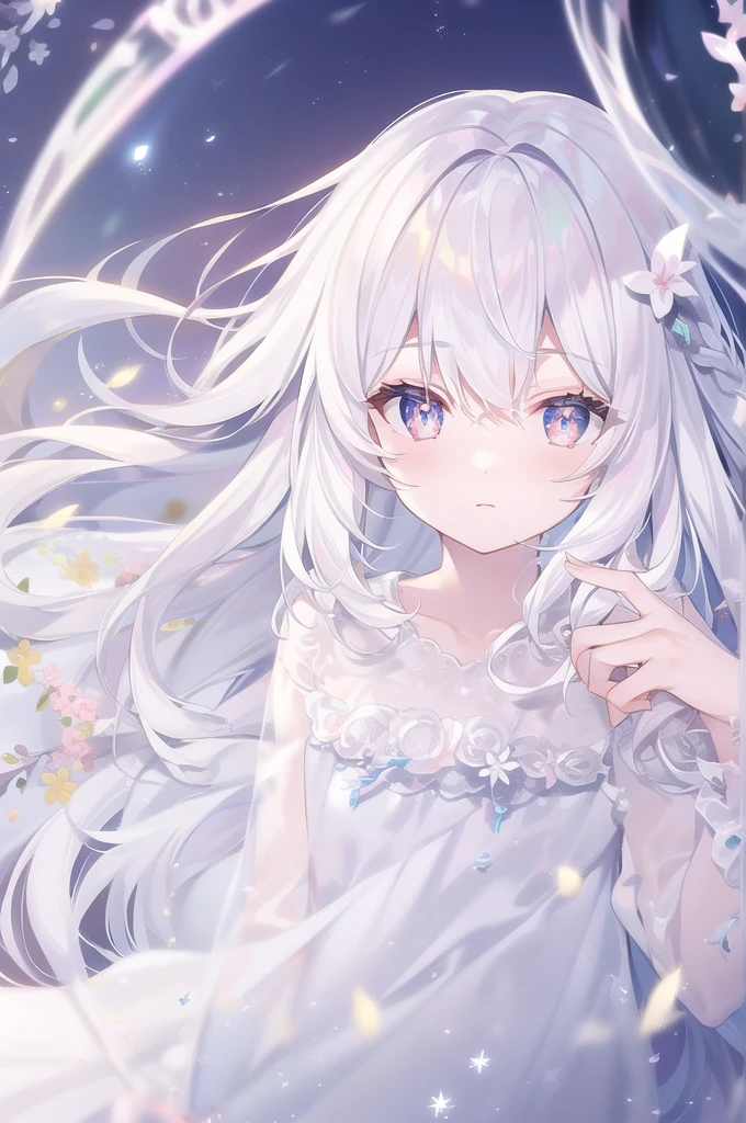 ((masterpiece, best quality))++, Detailed lighting+, Detailed hair+, Detail hand+ ,1 girl, Miss, Long hair, Crimson eyes, beautiful eyes, young white hair,,(Beautiful white hair:1.5),(Beautiful and delicate eyes), high resolution+,glass tint, Reflective eyes, {{angle}} , Very detailed wallpaper, The original, Air bangs,Extremely beautiful CG,black worksuit,Firefly,Galaxy,Shattered like a mirror