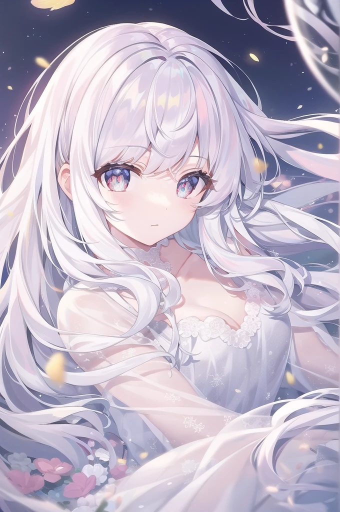 ((masterpiece, best quality))++, Detailed lighting+, Detailed hair+, Detail hand+ ,1 girl, Miss, Long hair, Crimson eyes, beautiful eyes, young white hair,,(Beautiful white hair:1.5),(Beautiful and delicate eyes), high resolution+,glass tint, Reflective eyes, {{angle}} , Very detailed wallpaper, The original, Air bangs,Extremely beautiful CG,black worksuit,Firefly,Galaxy,Shattered like a mirror