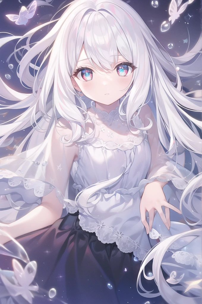 ((masterpiece, best quality))++, Detailed lighting+, Detailed hair+, Detail hand+ ,1 girl, Miss, Long hair, Crimson eyes, beautiful eyes, young white hair,,(Beautiful white hair:1.5),(Beautiful and delicate eyes), high resolution+,glass tint, Reflective eyes, {{angle}} , Very detailed wallpaper, The original, Air bangs,Extremely beautiful CG,black worksuit,Firefly,Galaxy,Shattered like a mirror