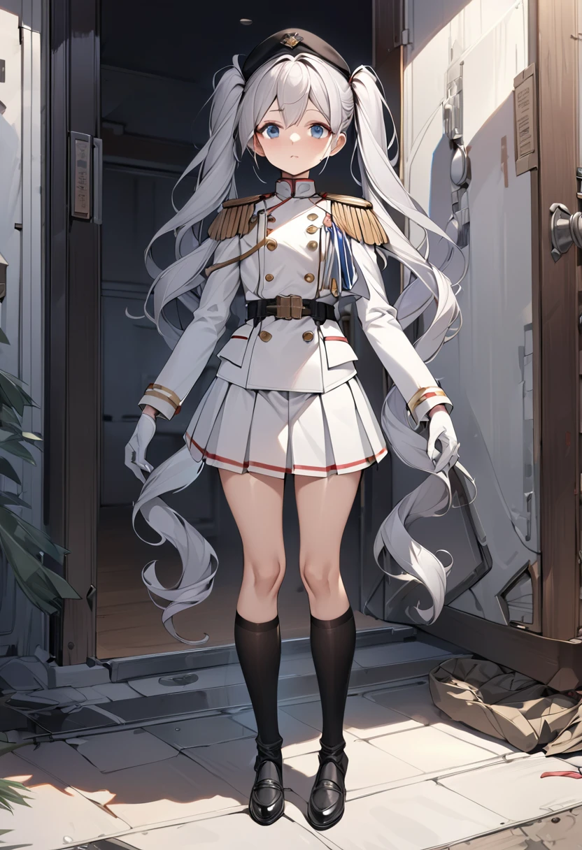 One young beautiful woman,(Highest quality,Extremely detailed depiction,Incredibly absurd high resolution,Anatomically accurate depiction), solo focus, (full body shot:1.1), (kashima /(kancolle/):1.2),Pleated skirt,Black knee-high socks,Blue Eyes,Loosely wavy silver hair,Black Beret,Outfitting,Twin tails,White formal uniform with epaulettes,