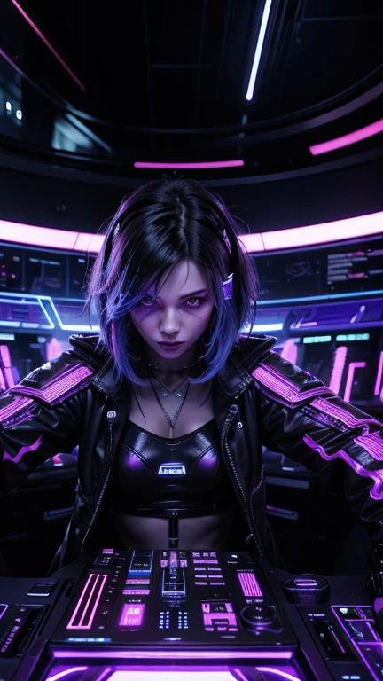 Generate a cyberpunk-themed music video featuring a female DJ performing in a futuristic nightclub. The DJ, with cybernetic enhancements and interactive holographic turntables, mixes electronic beats against a backdrop of pulsating lights and digital displays. The nightclub is filled with diverse characters, from augmented reality dancers to underground hackers, embodying the vibrant and rebellious spirit of the cyberpunk subculture