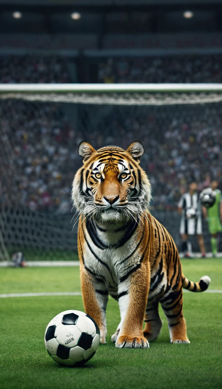 A tiger, wearing a soccer jersey with the number 10 and the name 'Messi' on the back, is taking a penalty kick on a soccer field. The tiger looks determined and focused, with one paw ready to strike the ball. In the background, the goal is guarded by a nervous-looking zebra in a goalkeeper uniform, while other animals, including a cheering crowd of various jungle animals, watch in amazement