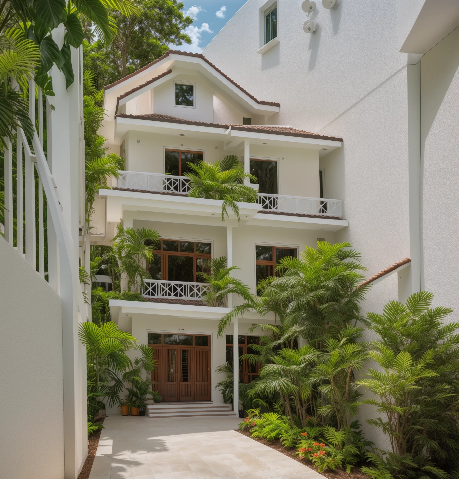 Exterior of white modern house, daylight, stair, tropical trees and plants, garden,
(high detailed:1.2), RAW photo, 8k uhd, dslr, soft lighting, high quality, film grain, Fujifilm XT3