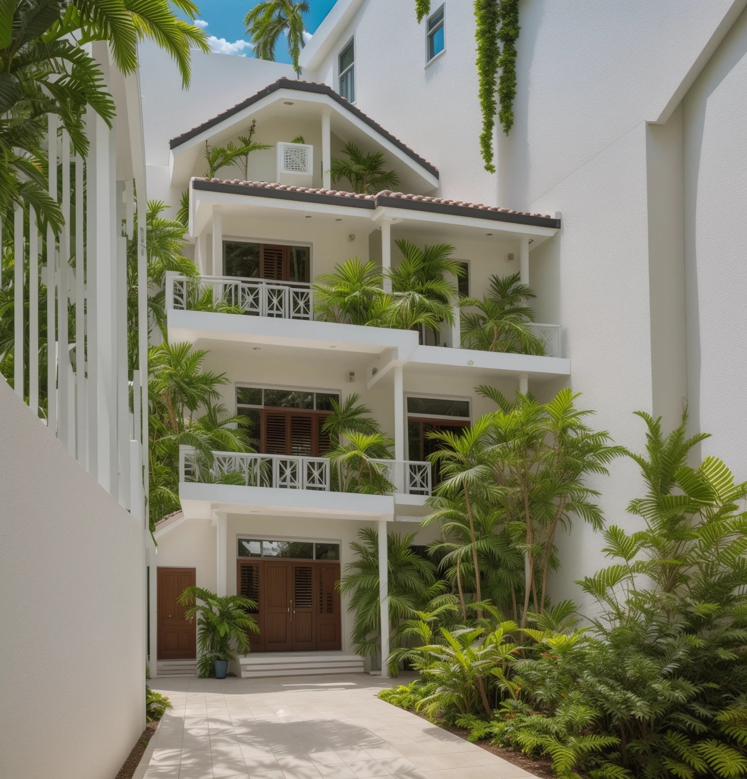 Exterior of white modern house, daylight, stair, tropical trees and plants, garden,
(high detailed:1.2), RAW photo, 8k uhd, dslr, soft lighting, high quality, film grain, Fujifilm XT3