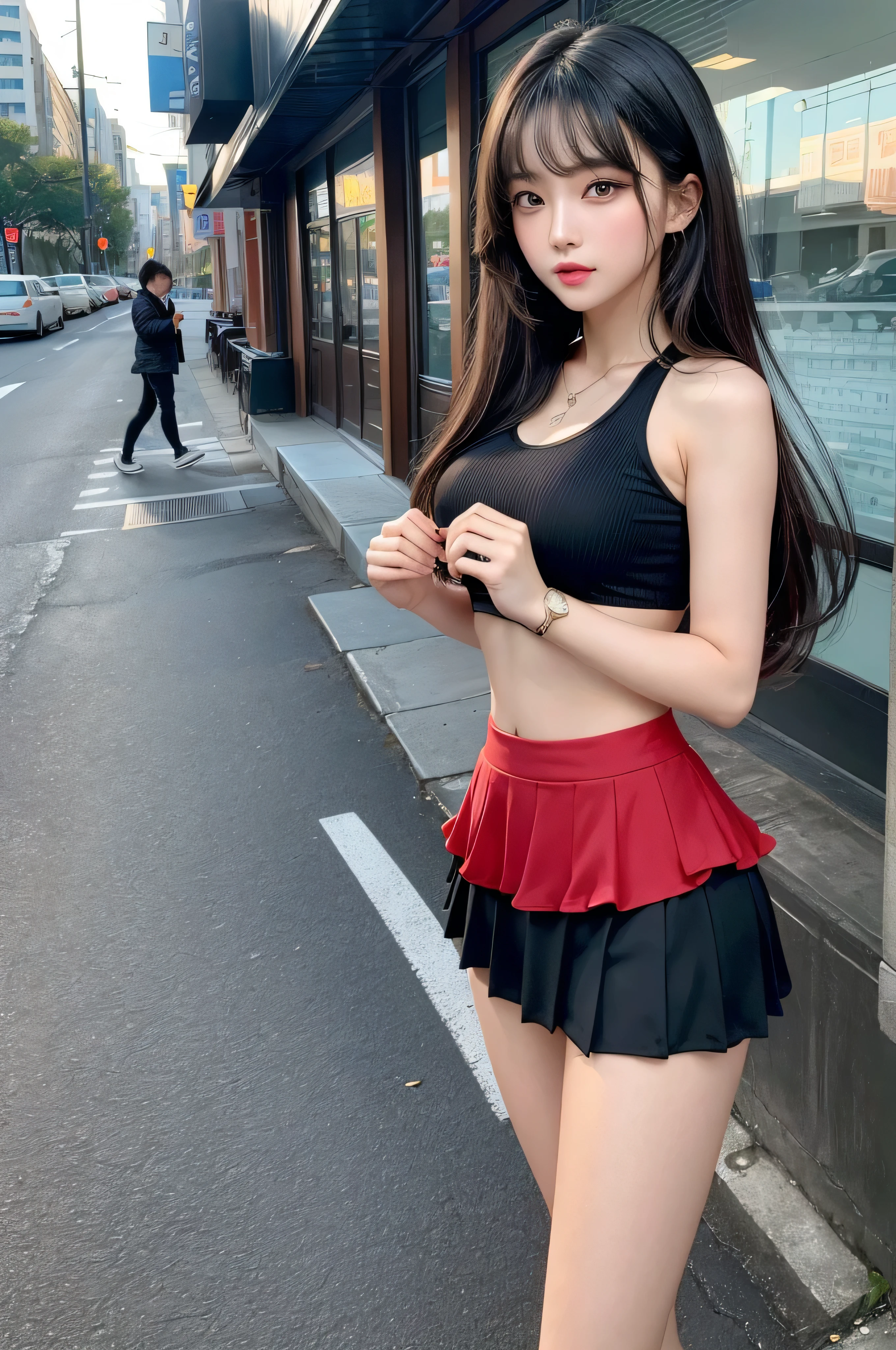 (quality),8K,(masterpiece:1.3),(1 girl:1.3),(In Minaof name),Beautiful of Korean girl, Korean pop idol，Beauty of woman，Have a perfect body:1.4, Slim abdominal muscles:1.2, ((Layered Hairstyle, :1.2)), ((View Viewer)),(A brilliant smile:1.3),（Big Asa），Actual,high resolution,Highly detailed face and skin textures,Realistic face,RAW photos,((Pretty face:1.5)),(Beauty of woman:1.4),Perfect body example,,((Super detailed face)),Attention to detail,Double eyelids,Eyeshadow Enhancement,Eye for detail,Professional lighting,灯Optics,Focus,((Sporty style)),((Optics, Bright colors of clothes Bright colors of T-shirts，Short skirt,((vitality,Positive,vivaciousnesposing thighs)),(of:1.3),Ultra-thin sports bar，Hip skirt，on the street