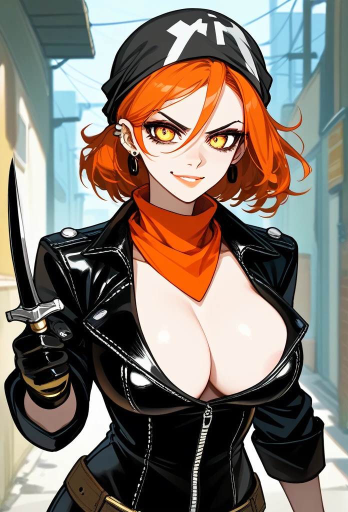 masterpiece, best quality, mature woman, mature face, trimmed hairstyle, red hair, mature face, hot face, glossy lips, gobby lips, sharp eyes, big breasts, voluptuous body, golden eyes, (bandit outfit, bandit bandana), looking at viewer, tough appearance, alley, (looking serious), yandere face, flirting smile, (glaring eyes, piercing eyes), yandere expression, (holding dagger) 