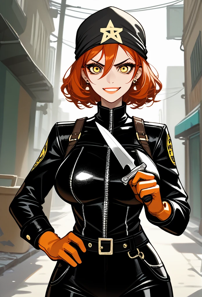 masterpiece, best quality, mature woman, mature face, trimmed hairstyle, red hair, mature face, hot face, glossy lips, gobby lips, sharp eyes, big breasts, voluptuous body, golden eyes, (bandit outfit, bandit bandana), looking at viewer, tough appearance, alley, (looking serious), yandere face, flirting smile, (glaring eyes, piercing eyes), yandere expression, (holding dagger)