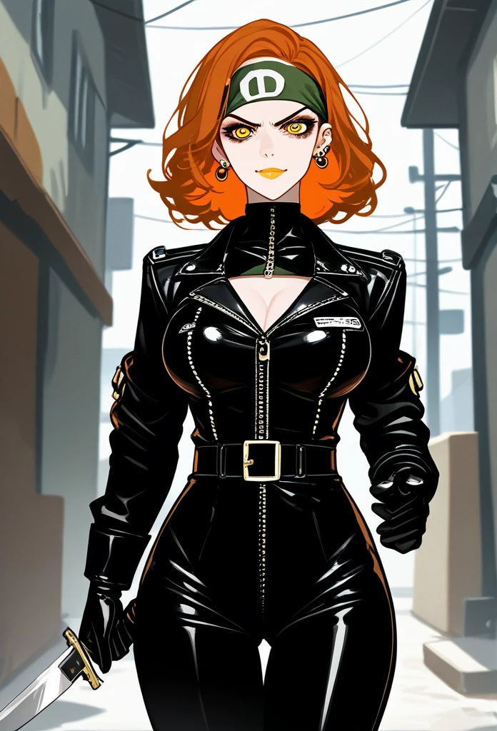 masterpiece, best quality, mature woman, mature face, trimmed hairstyle, red hair, mature face, hot face, glossy lips, gobby lips, sharp eyes, big breasts, voluptuous body, golden eyes, (bandit outfit, bandit bandana), looking at viewer, tough appearance, alley, (looking serious), yandere face, flirting smile, (glaring eyes, piercing eyes), yandere expression, (holding dagger) 