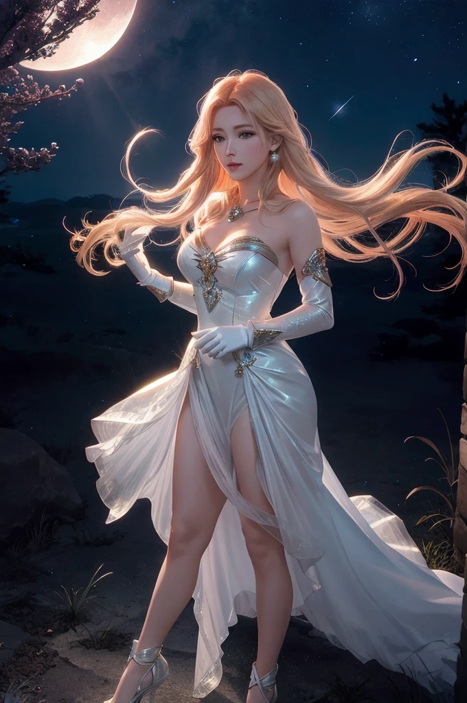 hair red gradient blonde, night sky, detailed face, face focus, shiny skin, game cg, nigh sky, moonlight, moon, white gloves, magical girl beauty in dress glass, Intricate Surface Detail, Crystal Core , Ethereal Fantasy, Realistic, Fiction, Full-HD, 8K Photo