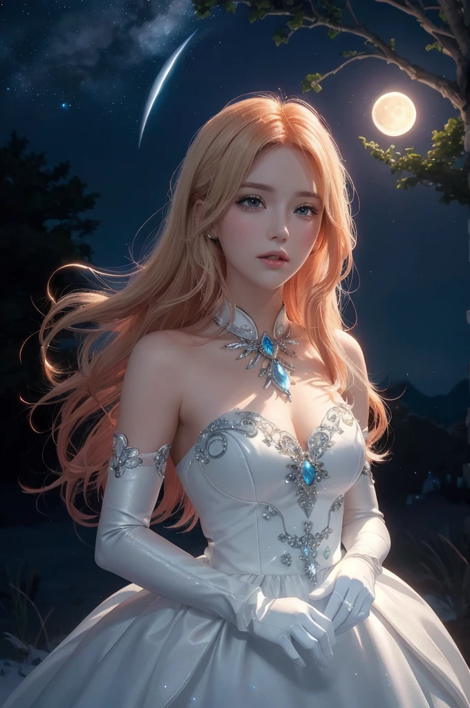 hair red gradient blonde, night sky, detailed face, face focus, shiny skin, game cg, nigh sky, moonlight, moon, white gloves, magical girl beauty in dress glass, Intricate Surface Detail, Crystal Core , Ethereal Fantasy, Realistic, Fiction, Full-HD, 8K Photo