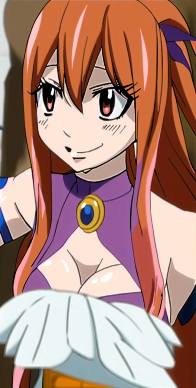 fairy tail, anime art style, 1girl, solo, smile, very long hair_hair, gloves, closed_eyes, orange_hair