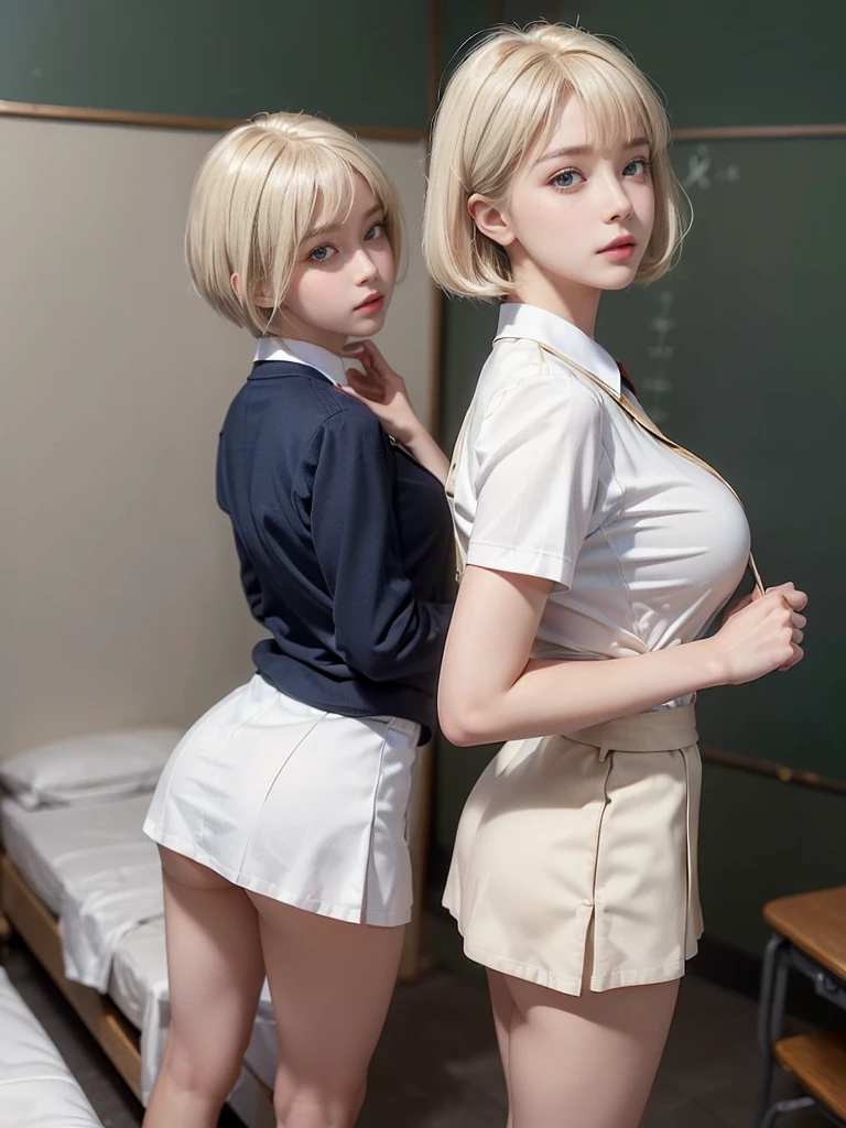 (real:1.5)、( face, virgin face,  masterpiece, 1 Girl, Very detailed, Fine skin, White skin, Lighten up the subject, Movie Light, beautiful face, Beautiful Eyes, Lip gloss), (((Ash Blonde Hair)))、((Short Bob))、(school uniform:1.5)、barefoo、Blunt bangs,blue eyes, (((large natural breasts))), ((full body))、on a bed  、(back view :1.5)、(from below:1.3)
