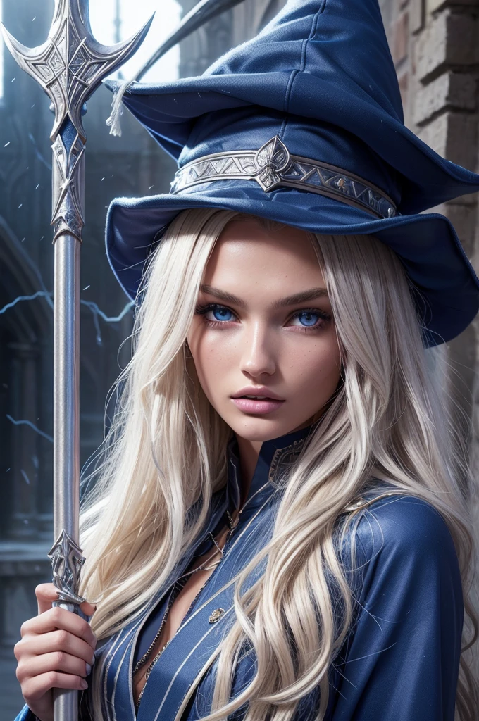 16 year old Romee Strijd dark elf mage, ((ultra-detailed face)), ultra detailed blue eyes, long platinum blonde wavy messy hair, (wizard hat, wizard robes, staff, lightning), (((masterpiece)))