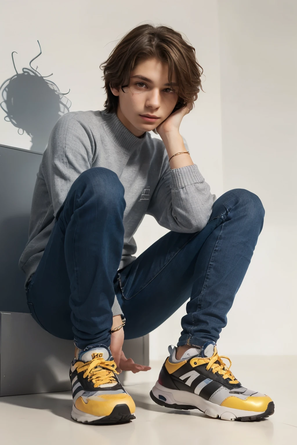 máxima calidad de imagen, outstanding details, ultra high resolution, the best illustration, favor details. Highly condensed. It portrays a 15-year-old boy with normal white skin.. has light brown hair, wavy and wild, almost reaching the shoulders. His eyes are unique: the left one is light amber brown, and the right one is dull gray due to heterochromia. mide aproximadamente 1.71 meters and has a slim build. He has thin, almost imperceptible scars all over his body., visible on the neck and a small scar on the upper eyelid of his right eye. He wears almost light gray blue jeans, a light blue sweater and normal sports shoes. She wears a bracelet with many colored nuggets and a "m" In the middle. simple background, no additional elements. Full view of young man.