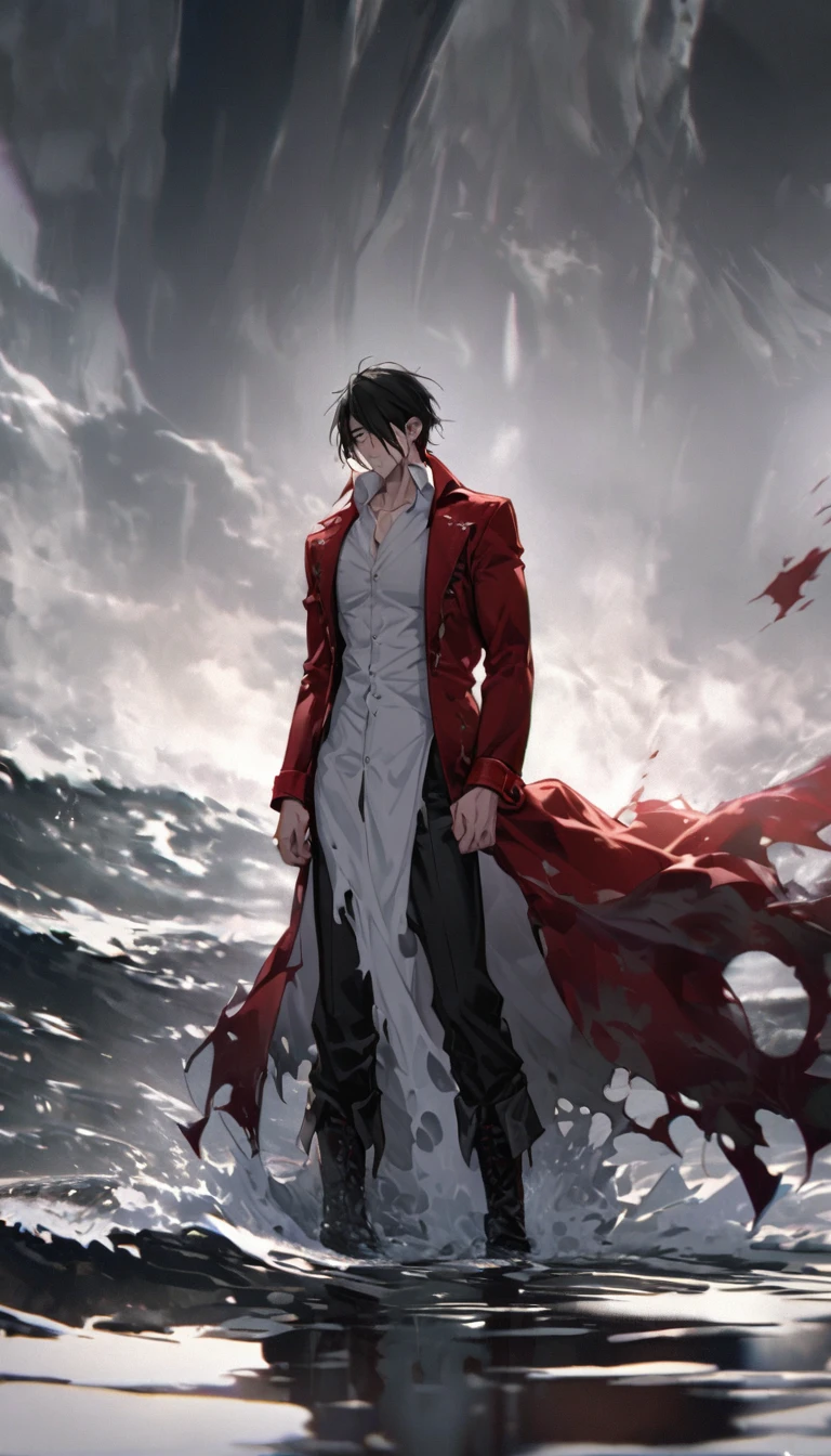 is a tall man with a lean muscular build, with fair skin, thin, rectangular dark gray eyes, and white pupils. He also had black hair just past his shoulders, worn and swept away from his face. His attire consists of a tattered white dress shirt with an upturned collar and cuffs, black pants, low-heeled boots, and a long, amorphous red overcoat with a burgundy highlight that flares out into ragged ends.