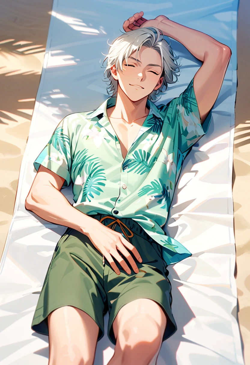 A man, 19-years-old, solo, Caucasian, mature face, short tousled white hair, eyes closed, relaxed facial expression, light pale green Hawaiian shirt, short sleeves, khaki shorts, beach, lying on a towel