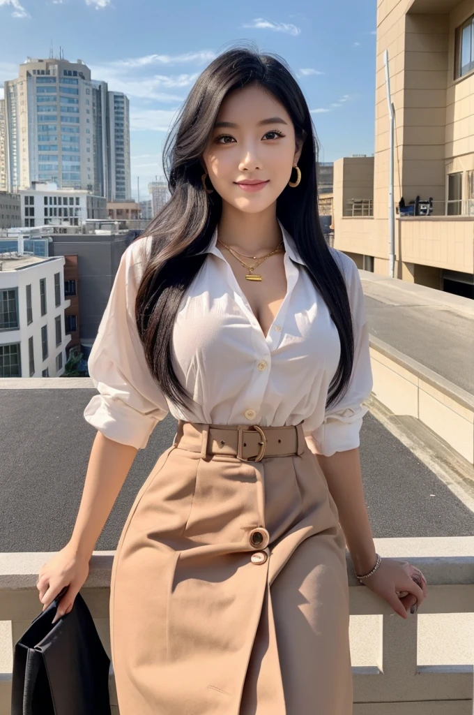 Rooftop of university building, 4th year university student, ((full body)), ((photo)), ((best qualtiy, 8K, tmasterpiece:1.3)), Focus:1.2, perfect figure beautiful girl:1.4, 1girl, cowboy shot, look at viewer, eyes facing the camera, incredibly absurd, beautiful and cute girl with a photorealistic face, showcasing top-quality craftsmanship, A Japanese girl watching the sunset on the roof of a university building, 19 years old, long, straight, silky black hair, fair skin, big eyes, thin eyebrows, double eyelids, long eyelashes, pink lips, smile, devilish smile, gorgeous features, well-defined facial features, beautiful face line, mysterious beauty, slender, tall, well-balanced proportions, large E-cup breasts, white shirt, tight black skirt, beige pumps, gold necklace and bracelet, small earrings, elegant ring, pretty girl, beauty, devilish type, pretty older sister, passionate about art, sociable, friendly, positive, has leadership skills, is proactive, is flexible, gets things done efficiently, works hard towards dreams and goals, March