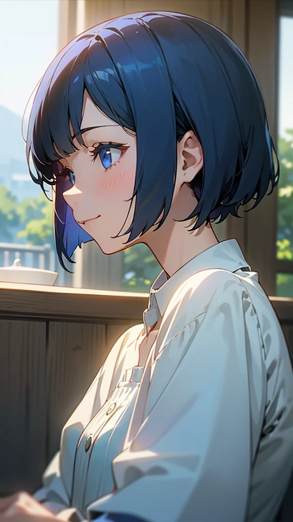 １girl、Dark blue hair、Short Bob Cut、Straight hair、blue eyes、smile、profile、Face close-up、Morning Cafe Terrace、Background blur, Written boundary depth